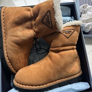 Prada Tan Ankle Boots with Shearling Trim